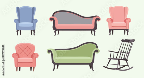 Collection of vintage and modern sofas and chairs in pastel colors