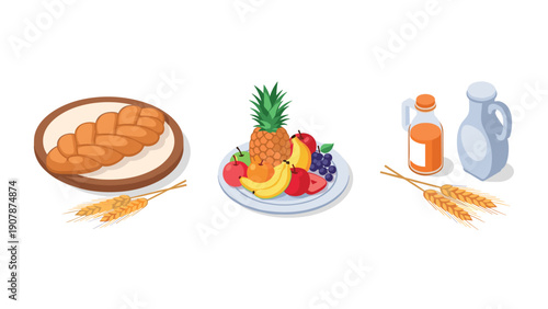 Breakfast spread with bread, fruit, and dairy in isometric style