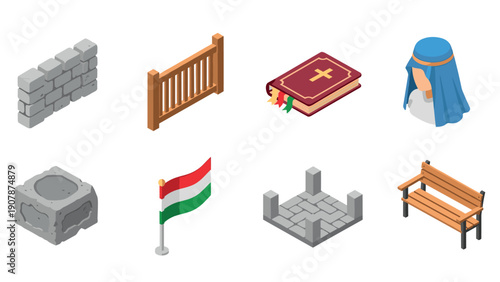 Isometric icons set: fence, bible, statue, flag, bench, stone, platform