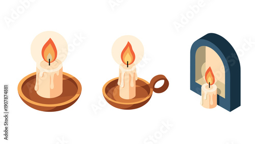 Cozy vintage candle designs in isometric style for home decor