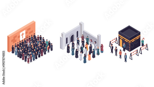 Isometric religious pilgrimage: diverse groups gather at holy sites