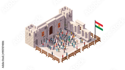 Isometric historical castle scene with crowd and national flag