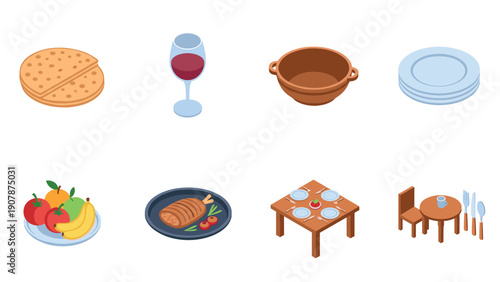 Isometric dining set: tableware, food, and beverage essentials in 3d style