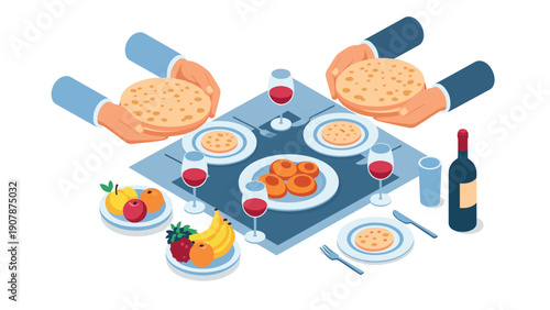 Isometric dining scene with people sharing bread and fruit on a table set for dinner