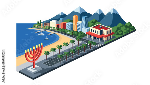 Isometric coastal cityscape with menorah and mountains