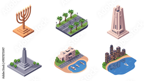 Isometric cityscape icons featuring monuments, buildings, and urban landmarks