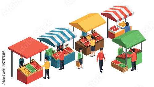 Isometric outdoor market scene with colorful vendor stalls and shoppers