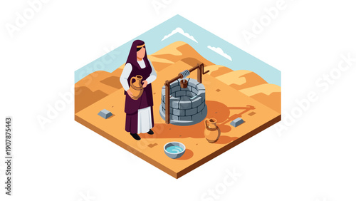 Isometric desert scene: woman fetching water from well