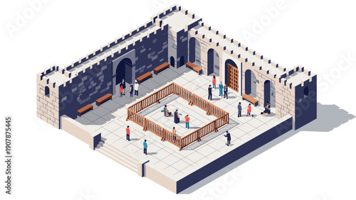 Medieval castle courtyard with tourists in isometric design