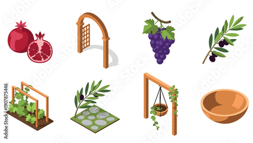 Isometric mediterranean garden elements: pomegranates, grape vine, olive branch, herbaceous display