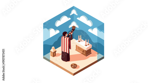 Isometric priest in traditional robe performing religious ceremony under sky