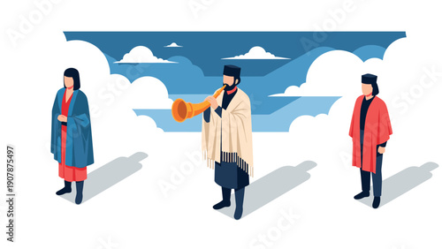 Traditional musicians and performers in modern isometric art style