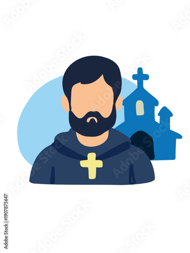 priest portrait standing in front of historic church