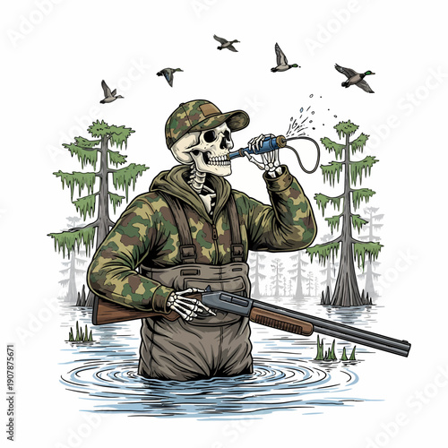 Skeleton hunter wearing camouflage waders blowing duck call in swamp with flying mallards