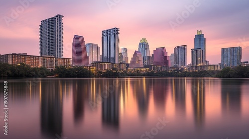 austin. Austin cityscape at dusk, featuring warm golden hour lighting and a modern urban silhouette. real-estate listings.