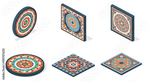 Isometric geometric mosaic patterns: decorative tiles with vibrant colors