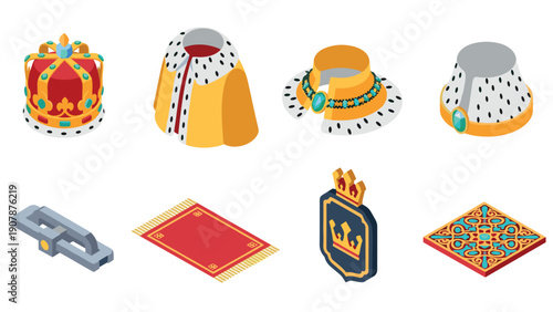 Isometric royal accessories and decor: crown, regal coat, necklace, medallion, rug