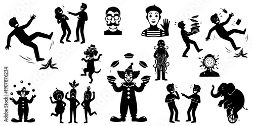 Big set of comedy and circus silhouettes featuring clowns, juggling, mime, slipping on banana peel, circus elephant, and funny characters