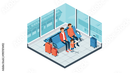 Isometric airport waiting area with family seated and luggage nearby