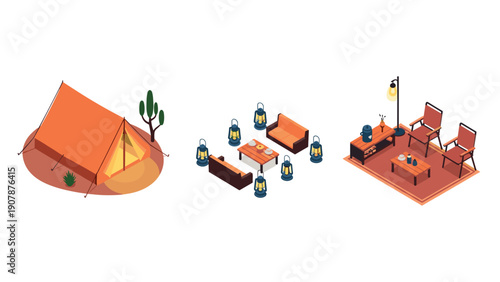 Isometric camping equipment and outdoor furniture set for adventures