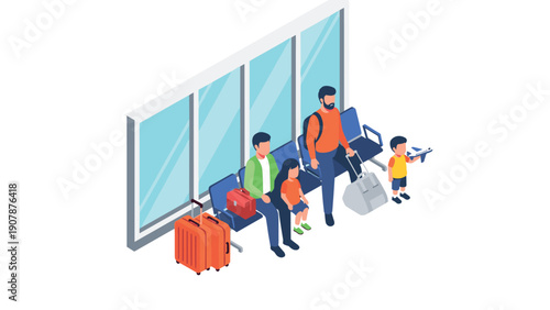 Family waiting at airport terminal with luggage in isometric style