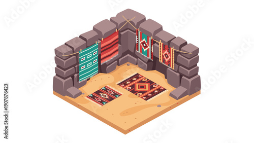 Isometric carpet and rug display in rustic room setting