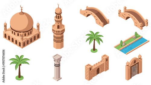 Isometric middle eastern architecture elements with palm trees and water feature