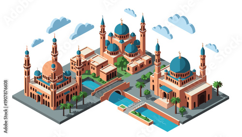 Isometric middle eastern architecture with mosques and bridges