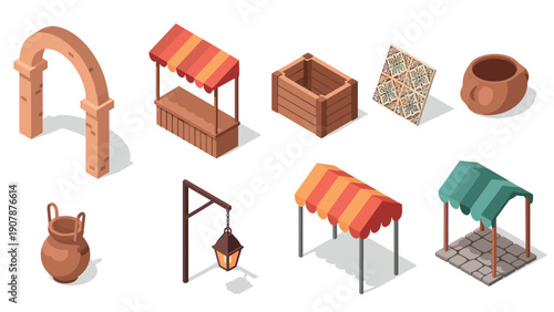 Isometric market elements: stalls, pots, arches, and more in vibrant colors