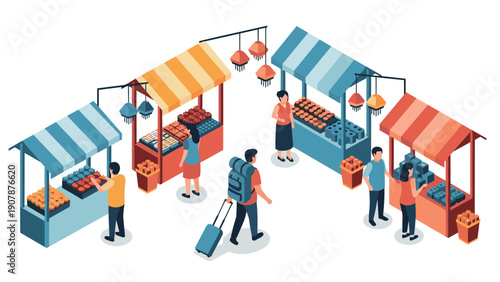 Isometric market scene with stalls and visitors in vibrant colors