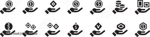Money in Hand Icon Set – Saving, Earning, Budget, Investment and Finance Symbols Vector.