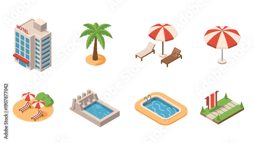 Isometric beach resort icons with hotel, pool, palm, and umbrellas