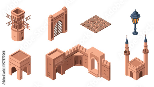 Collection of isometric arabic architecture elements with gateways and towers