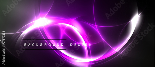 Bright purple light streaks swirl, creating abstract energy flow. Dark background emphasizes glowing curves, modern design element.