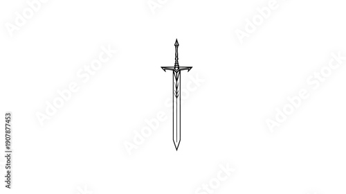 Stylized, symmetrical drawing of a sword against a pure white background. Simple and clean aesthetic