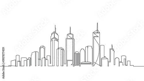 Minimalist continuous line drawing representing a modern city skyline with various skyscrapers and buildings on a white background.