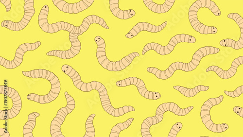 Seamless pattern featuring many small worms crawling on a bright yellow background creating a playful and quirky nature inspired surface design.