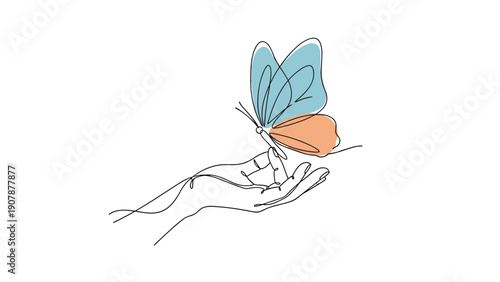Butterfly perched on human hand drawn in elegant single continuous line style with blue and orange colors representing harmony with nature.