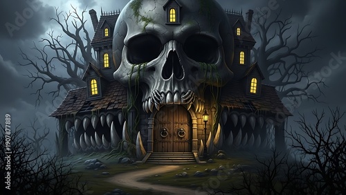 A haunted house with a giant skull facade looms ominously on a dark, foggy night.