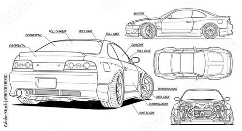 Detailed Technical Drawing of a Sports Car.