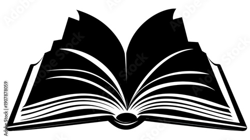 A stylized black and white illustration of an open book with visible pages and spine