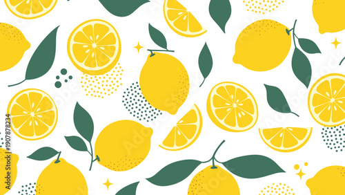 Vibrant pattern of whole lemons and slices with green leaves on a white background creating a fresh and citrusy aesthetic for summer themes.