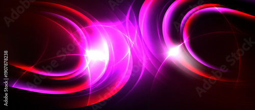 Bright abstract lines, vibrant pinks, reds radiate from central points. Dark background emphasizes glowing curves, dynamic energy.