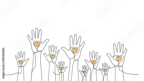 Group of raised hands with small hearts in their palms in a continuous line drawing style symbolizing community love and volunteering.