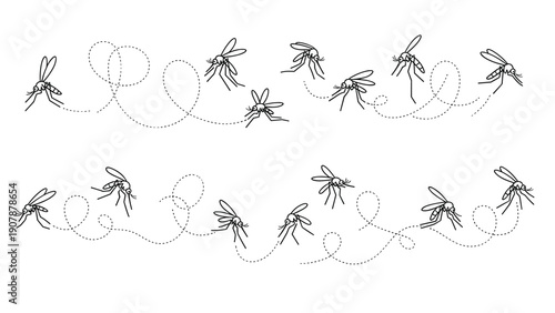 Illustration of many mosquitoes flying with dotted loop trails on a white background representing pests and insect activity in summer.