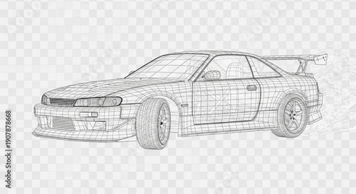 Detailed sketch of a sports car with spoiler.