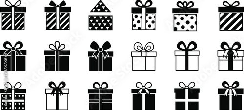 Collection of black gift box silhouettes featuring various present designs with bows ribbons and patterns isolated on white background for holiday celebration vector illustration.