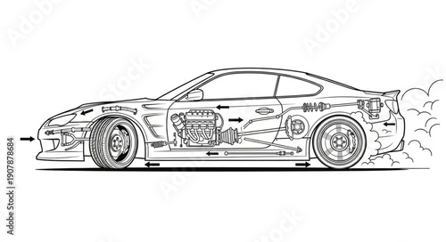 Detailed Sketch of a Sports Car with Visible Engine and Wheels.