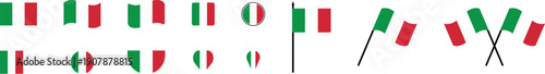 Italy Flag Icon Set Diverse Collection of Italian Symbols including Hearts, Circles, and Flagpoles.