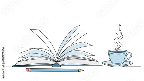 Open book with pages fluttering alongside a pencil and a steaming coffee cup in a line art style ideal for study and relaxation themes.